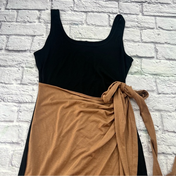 Asymmetrical Black and Tan Large Maxi Dress Sheath Tank Faux Wrap Tie Waist - Picture 2 of 7